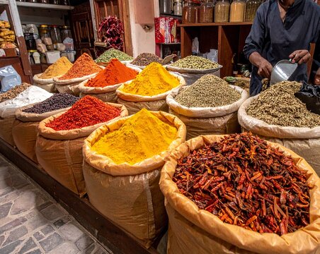 Traditional Indian Masala Shop &ndash; Open Sacks and Wooden Boxes Overflowing with Spices, Turmeric, Red Chili, and Coriander

