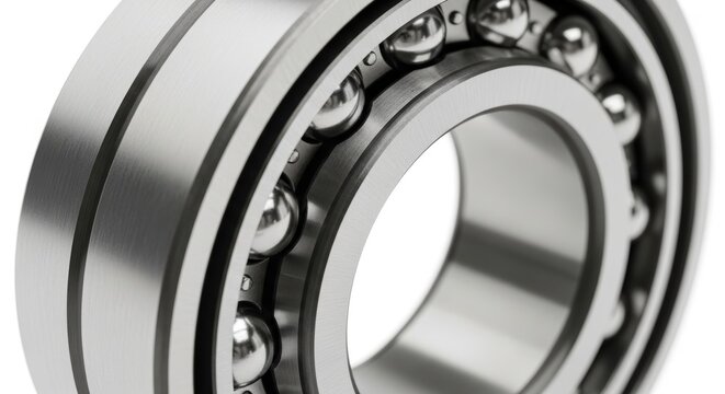 Close-up view of a cylindrical roller bearing with metal casing and ball bearings inside.