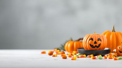 Festive Halloween Decorations with Candies and Pumpkins on a Table