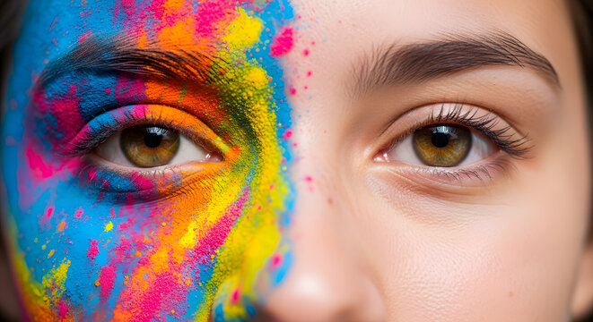 A close-up portrait shows a young person's face vividly adorned with vibrant Holi powder on one side, showcasing a striking contrast.