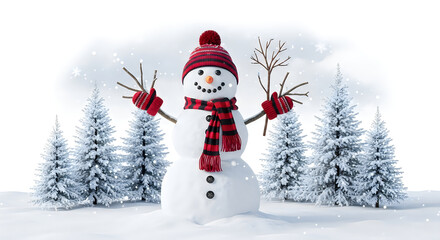 Obraz premium Snowman standing tall in the snowy landscape with serene trees around