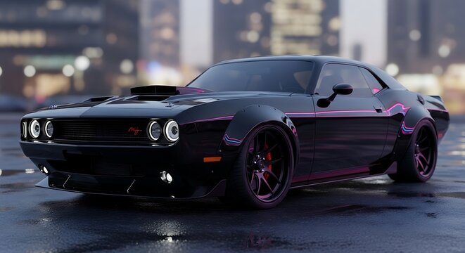 Black Dodge Challenger SRT Hellcat on city street.