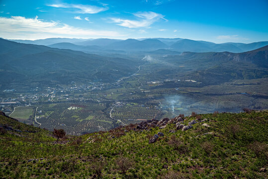 Acrocorinth, Corinth, Greece: Mountain valley with village and olive groves