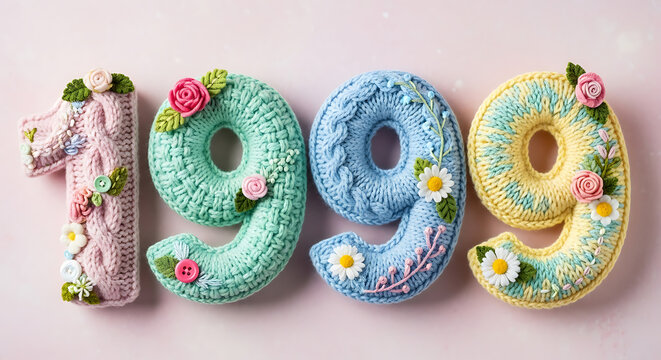 Nostalgic Year 1999 Depicted in Textured Knitted 3D Numbers with Colorful Floral Accents