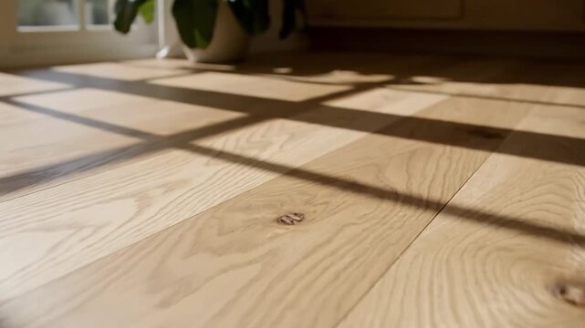 Sunlight streams through a window casting geometric shadows across a beautifully finished light oak hardwood floor creating a warm and inviting atmosphere.