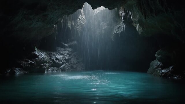 Misty Waterfall Cascading into Serene Turquoise Lake within Dark Cave, Viewed from Calm Water's Edge