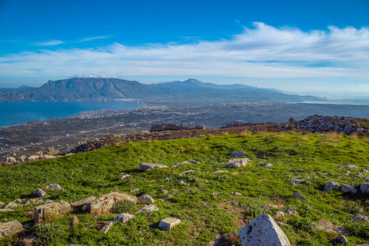 Acrocorinth, Corinth, Greece: Coastal town and mountains from ancient ruins