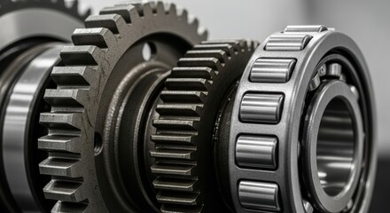 Intermeshed industrial gears in mechanical assembly setup