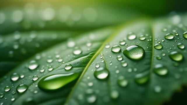 Macro view of a vibrant green leaf covered with dewdrops in a lush natural setting