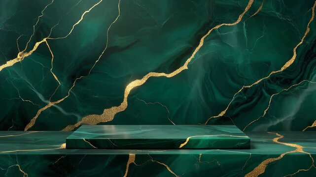 Luxury Green Marble Platform with Golden Veins on a Reflective Surface from an Elevated Viewpoint
