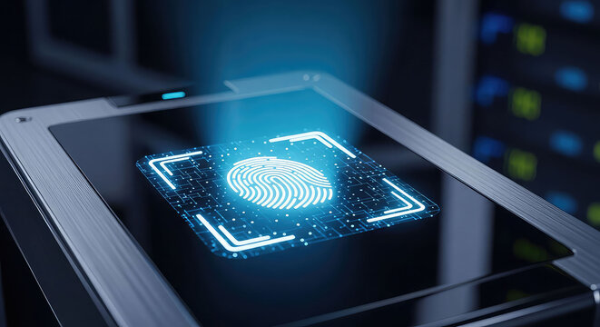 Biometric authentication on a futuristic tablet with glowing fingerprint scan in a dark room