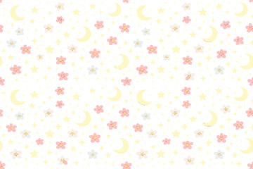Floral and celestial pattern with stars, moons, and flowers in soft colors on a white background