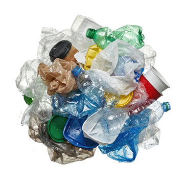 Pile of mixed plastic waste and food packaging