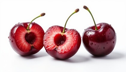 Three cherries are displayed, one cherry is cut in half to show the inside. The cherries are shiny and have droplets of water on their surface.