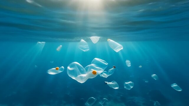Underwater scene with plastic bags floating near the ocean surface with sunlight rays penetrating the water