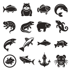 Fototapeta premium Animal icons: fishes, lizards, bear and crab flat design