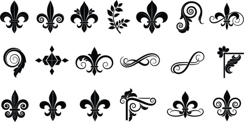 Fleur de Lis and Decorative Ornamental Flourish Symbols Collection Black Silhouette Vintage Heraldic Vector Set © Mukta  Creative