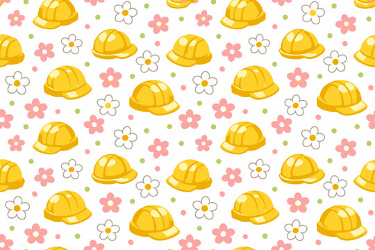 Colorful pattern of yellow hard hats and flowers on a white background suitable for kids' room decoration or construction theme events