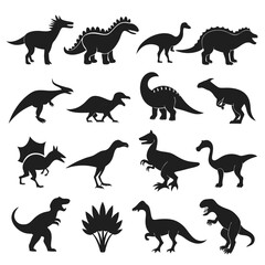 Collection of various dinosaur silhouettes in black on white © Xihan
