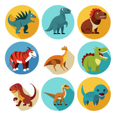 Colorful dinosaur illustrations on rounded backgrounds for children's designs © Xihan