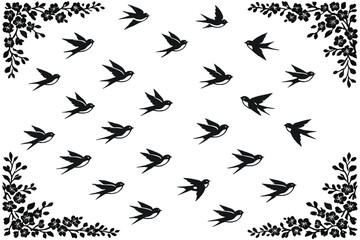 Fototapeta premium Many birds flying in a pattern surrounded by floral designs on a white background showing motion and nature in art
