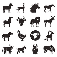 Fototapeta premium Black silhouette vector collection of various animals livestock icons