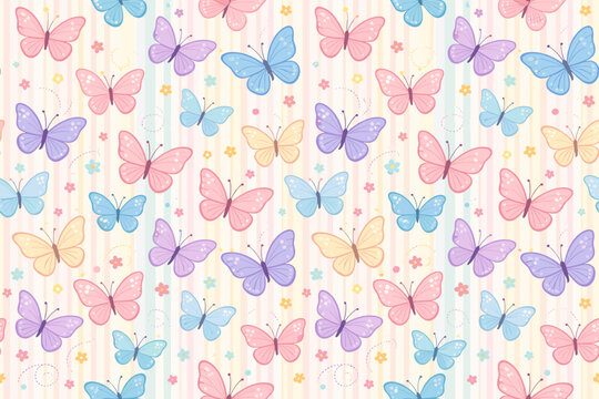 Bright butterflies in different colors on a light background with small flowers and circles create a lively pattern for design use