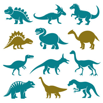 Silhouette collection of various dinosaur species in flat vector