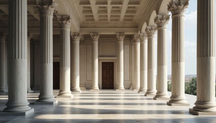Naklejka premium a spacious hall with tall columns and a wooden door. Light streams in, casting shadows on the marble floor around the elegant columns.