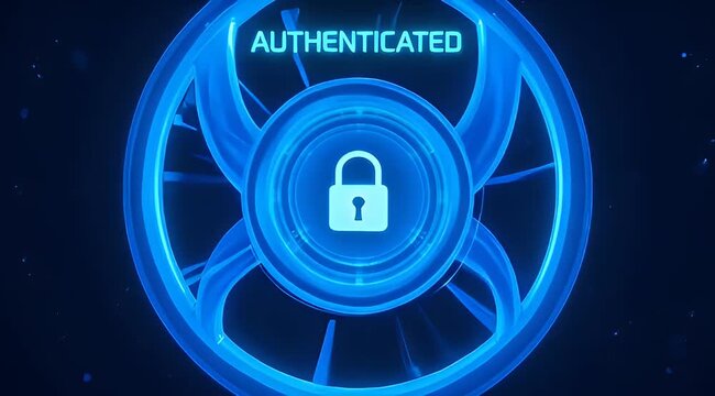 Cybersecurity technology background with a glowing padlock in the center and the word authenticated