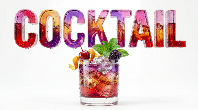 Colorful 3d cocktail and letters with fresh fruits and ice
