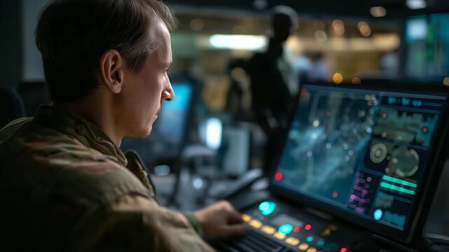 Military operations room featuring faceless soldier commanding digital controls, defocused data overlays highlighting enemy positions and mission timelines, high-tech security