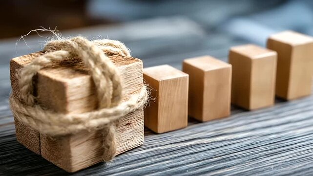 Cube tied to string symbolizing connection and structure in context of crypto staking roadmap chart, tethered investment, with copy space