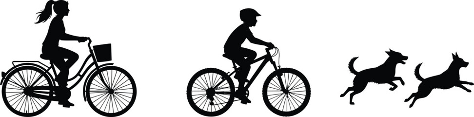 Silhouette children riding bicycles with running dogs, dynamic outdoor vector illustration representing recreation, exercise, companionship, playful activity, lifestyle design