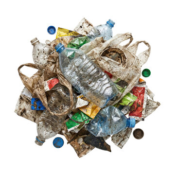 Crushed plastic water bottles and assorted litter pile
