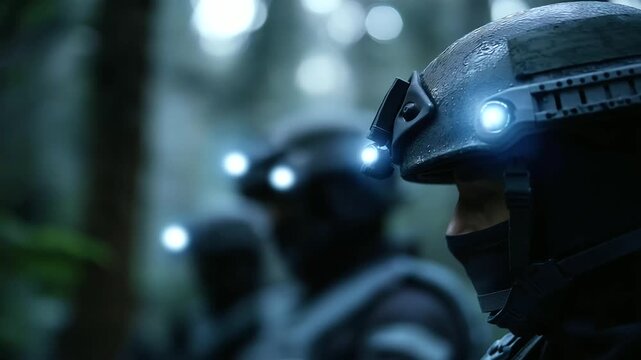 High-detail image faceless soldiers standing in formation, defocused tactical vests and helmets with night vision attachments gleaming, misty environment, modern preparedness,
