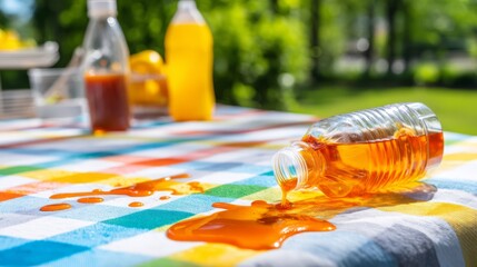Colorful Juice Spilling on Picnic Tablecloth with Vibrant Outdoor Backgrounds