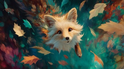 Fototapeta premium Whimsical Digital Painting of a Fox Playing with Leaves in a Colorful Forest