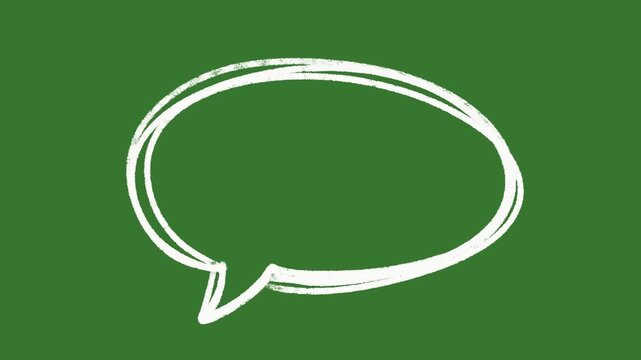 Hand drawn chalk style speech bubble animation on green screen. Chroma key comic talk bubble, scribble chat cloud doodle set for video communication and messaging.