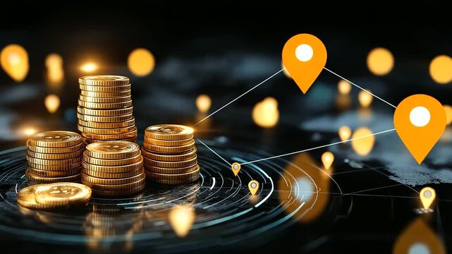 Innovative blockchain verified capital allocation map icon concept representing financial transparency and accountability, with copy space