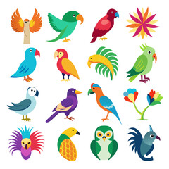 Obraz premium Collection of sixteen stylized birds and flowers on white