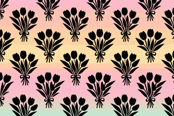 Fototapeta premium Simple floral pattern design with black flower bouquets on a colorful background with soft pastel colors