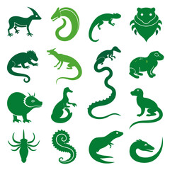 Collection of stylized green animals and mythical creatures icons © Xihan