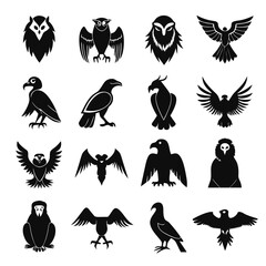 Fototapeta premium Collection of sixteen black and white bird icons