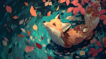 Fototapeta premium Whimsical Fox Painting Playing Among Vibrant Autumn Leaves in Water