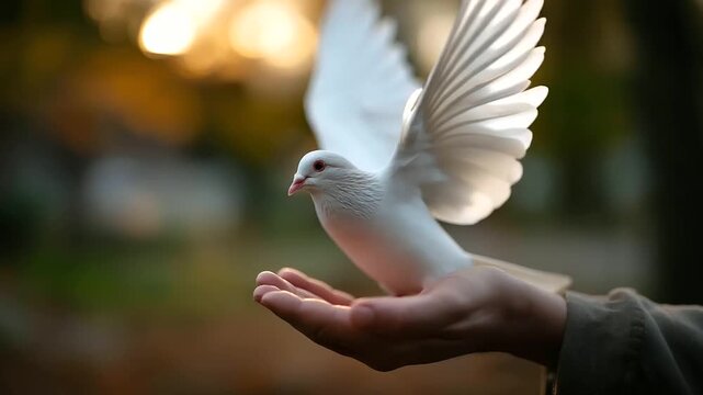 Peaceful white pigeon soaring from faceless gentle hand, defocused nature background, hope and harmony symbolism, bird release, freedom representation, with copy space