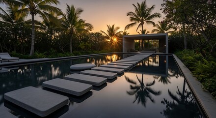 Fototapeta premium Luxurious tropical retreat with pool, modern architecture, and sunset glow