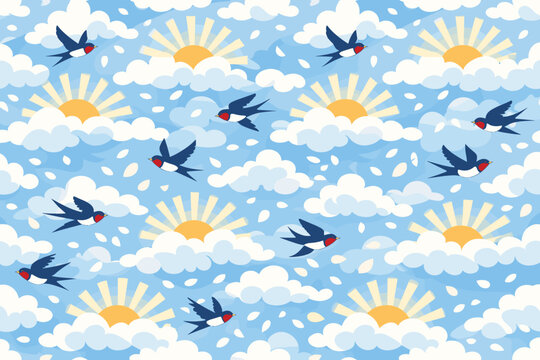 Colorful design of birds flying in the sky among clouds and suns on a bright day with light blue background