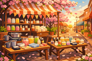 Fototapeta premium Market scene with stalls selling handmade goods in a street during springtime with cherry blossom trees