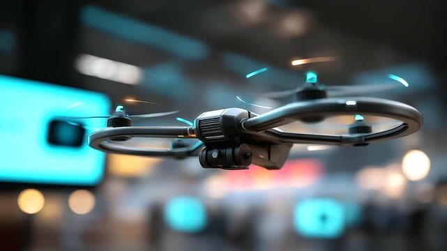 War drone prototype captured in industrial environment, defocused digital panels illuminating tactical features, combat readiness and flight data display, dark high-tech setting,